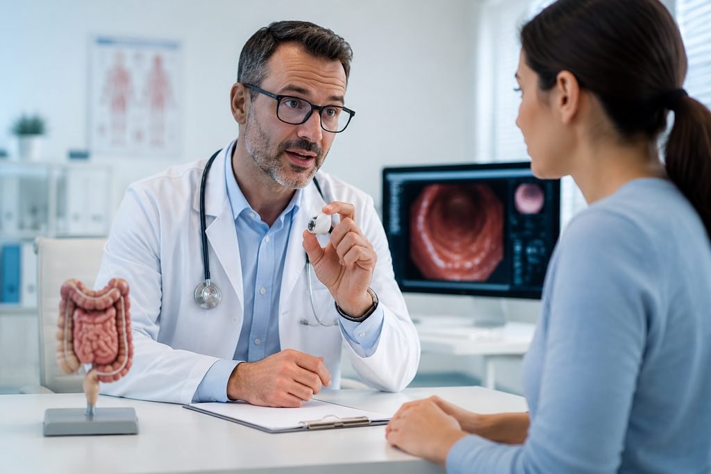 Illustrative image: A doctor discusses a medical issue with a patient in a clinic room, using a model and a medical image for reference.