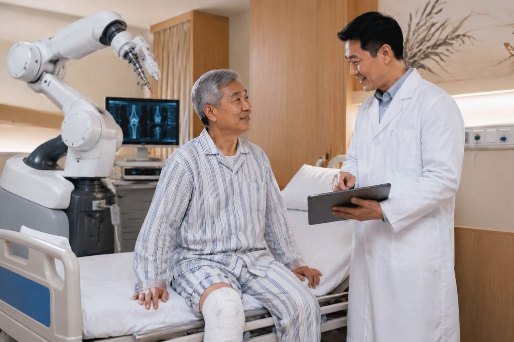 Editorial illustration: Robotic Knee Replacement in China: Questions About Risks and Alternatives