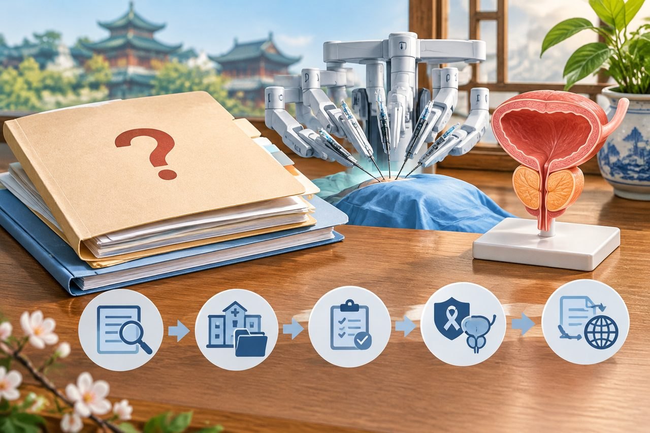 AI illustration: A medical consultation scene featuring robotic surgical equipment and an anatomical model of the prostate.