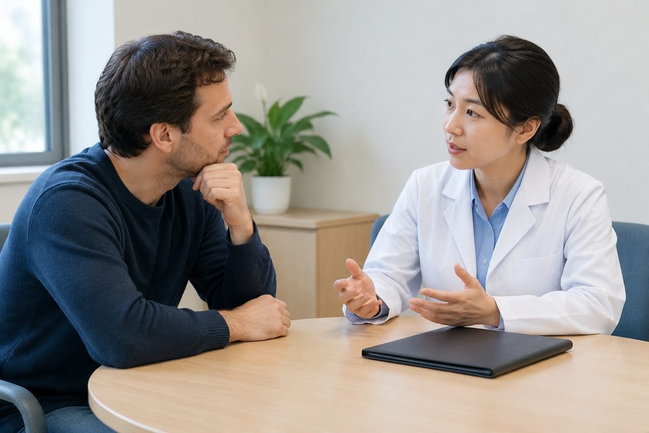 AI illustration: A doctor discusses with a patient in a consultation room.