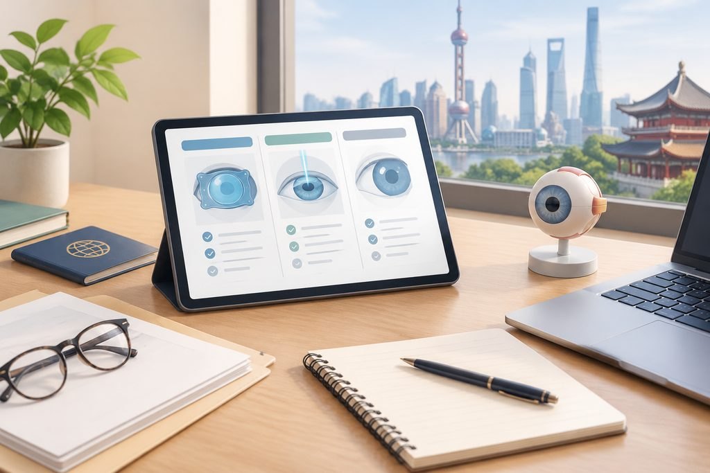 AI illustration: Eye models and schematic eye illustrations on a planning desk