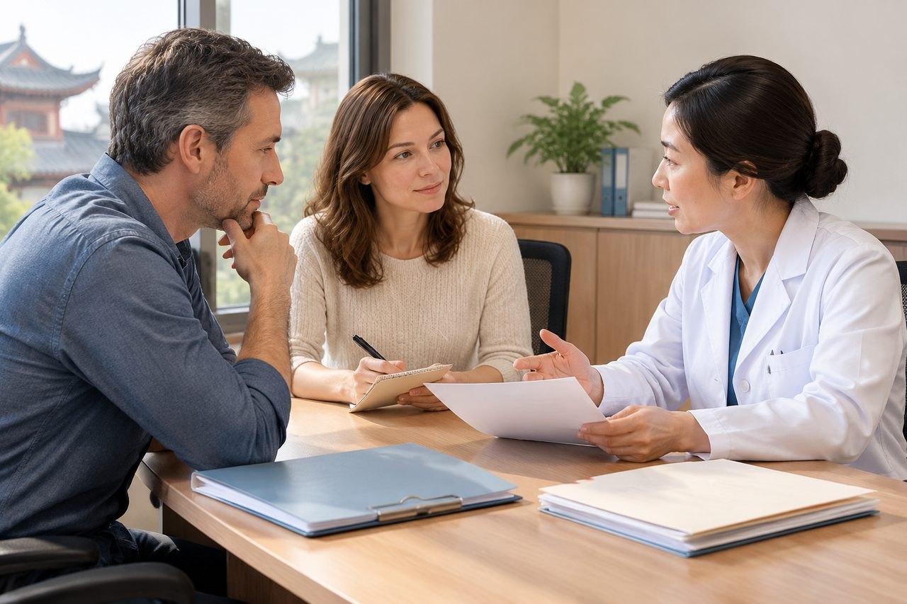 AI illustration: A doctor discusses medical information with a couple in a consultation room.