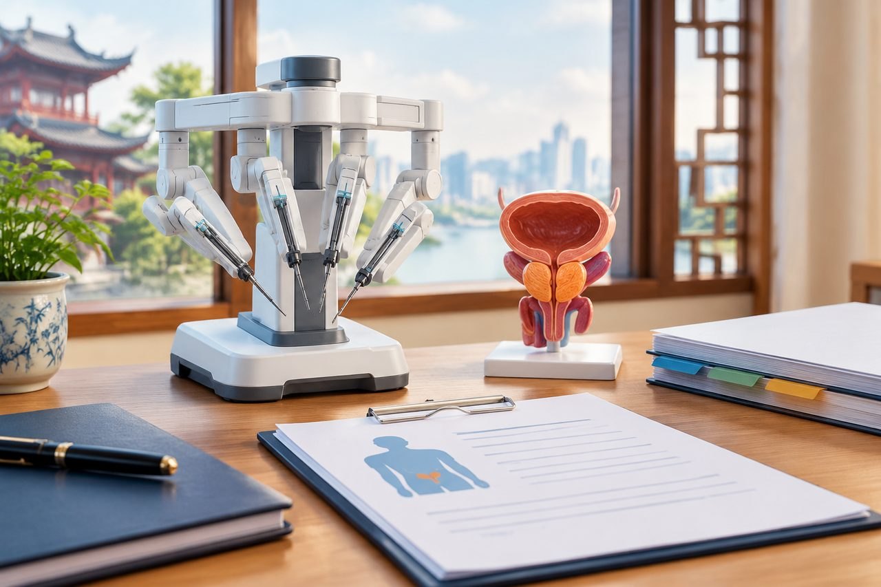 Illustrative image: A medical consultation setup featuring a robotic surgical system and an anatomical model of the bladder.