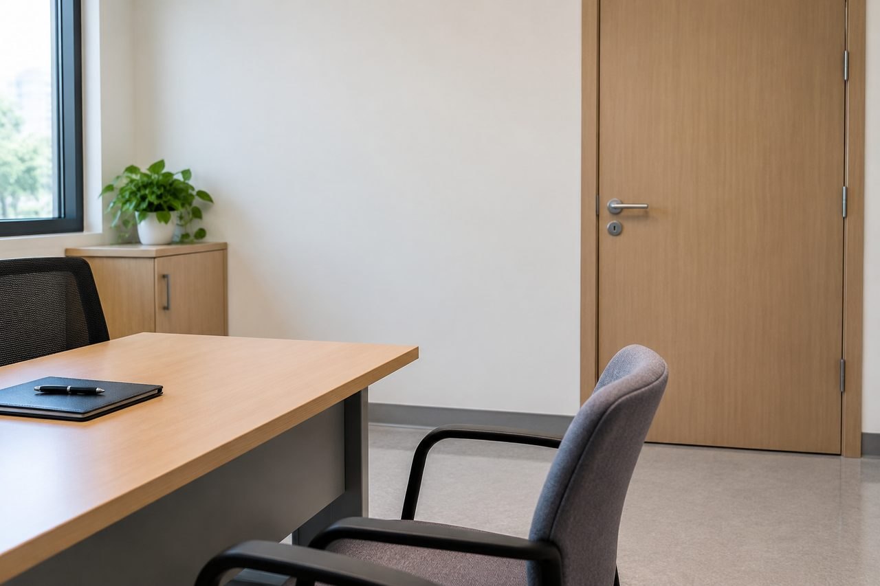 AI illustration: A modern office space featuring a desk, chairs, and a plant near a window.