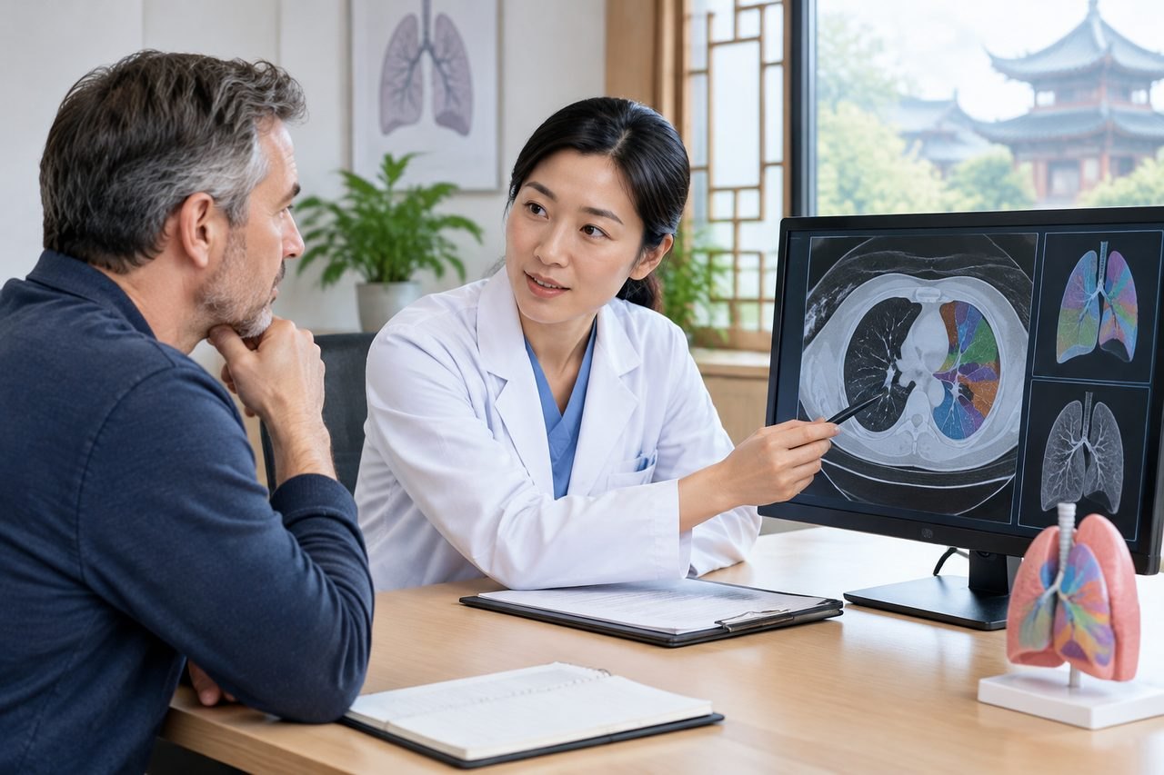 Illustrative image: A doctor discusses a lung scan with a patient during a consultation.