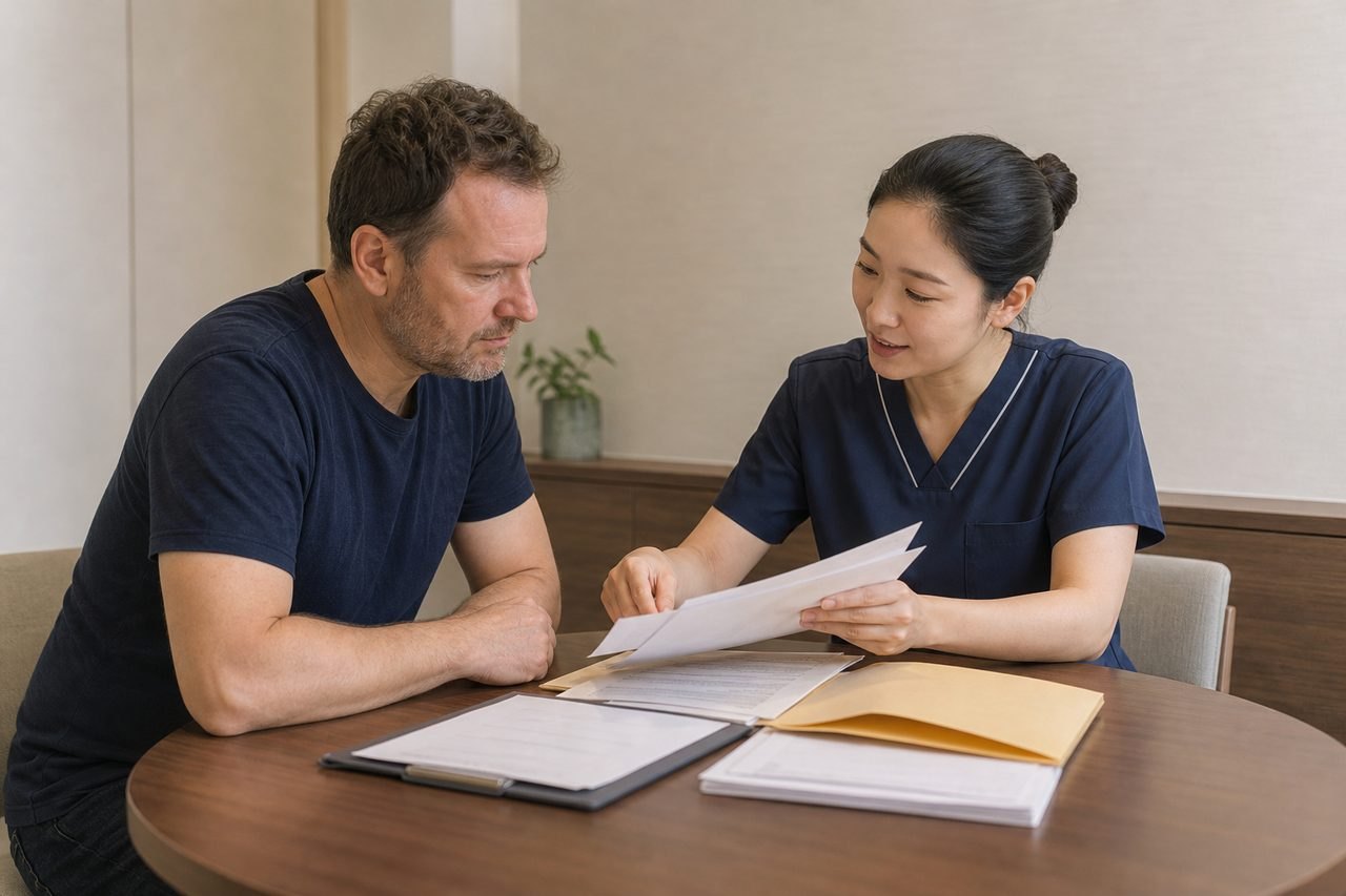 Illustrative image: A medical consultation taking place between a healthcare professional and a patient, discussing documents at a table.