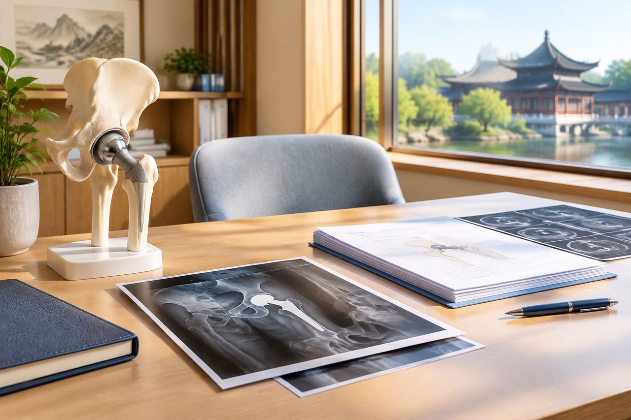Illustrative image: A medical consultation space featuring anatomical models and imaging documents.
