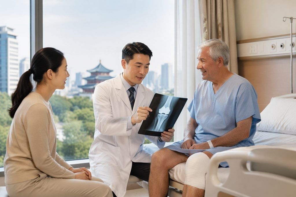 Illustrative image: A doctor discusses an X-ray with a patient and a visitor in a hospital room.