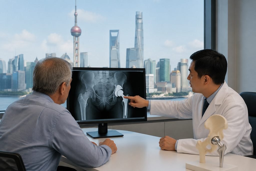 Illustrative image: A doctor discusses an X-ray of a hip joint with a patient in a modern office overlooking a city skyline.
