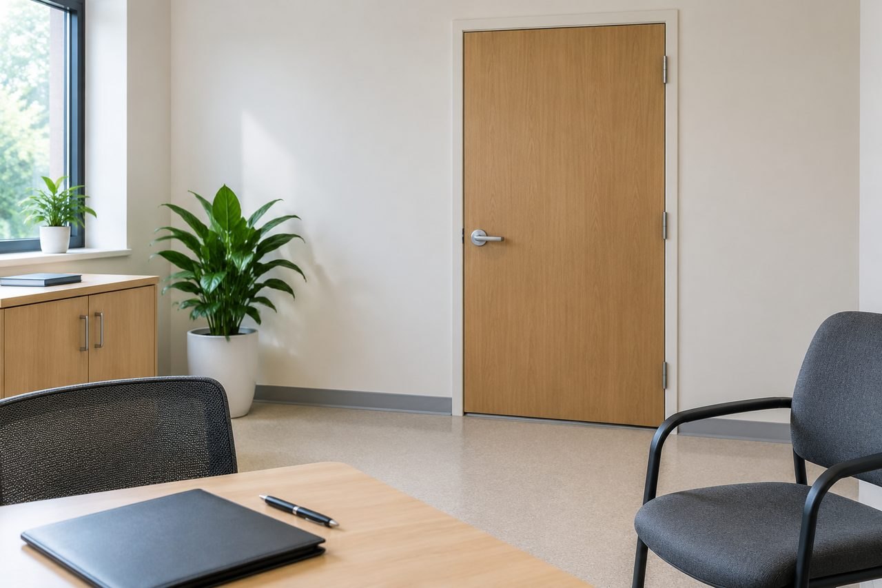 AI illustration: A modern consultation room featuring a desk, chair, and plants.