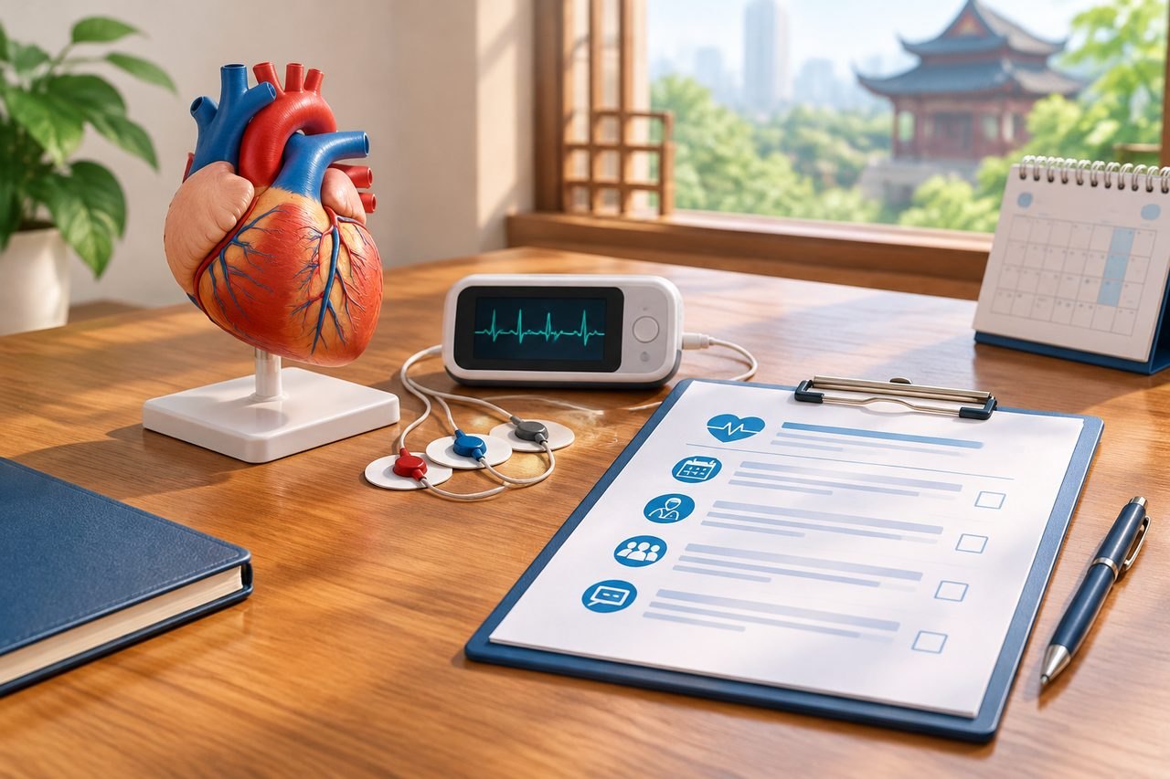 Illustrative image: A medical consultation setup featuring a heart model, medical monitor, and patient checklist on a desk.