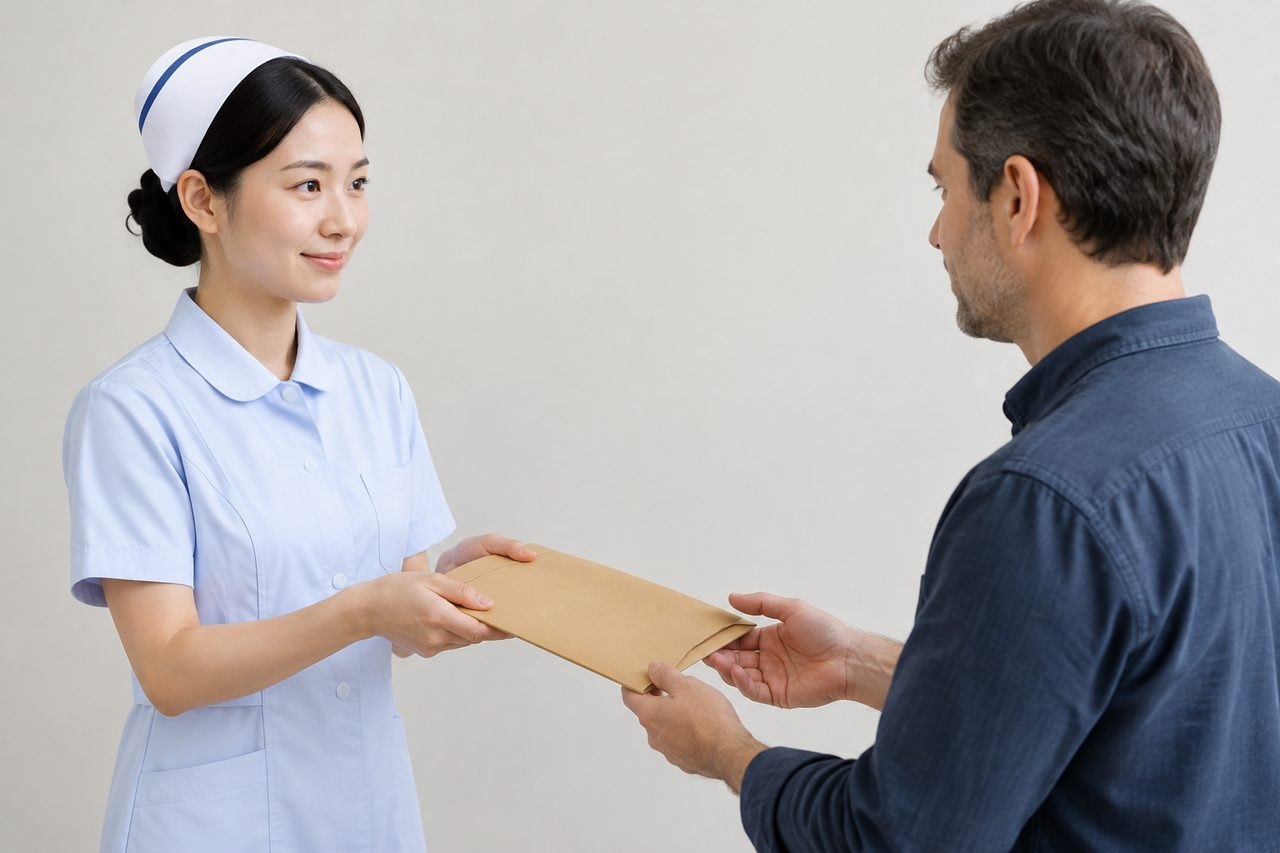 AI illustration: A nurse hands an envelope to a man in a casual shirt.