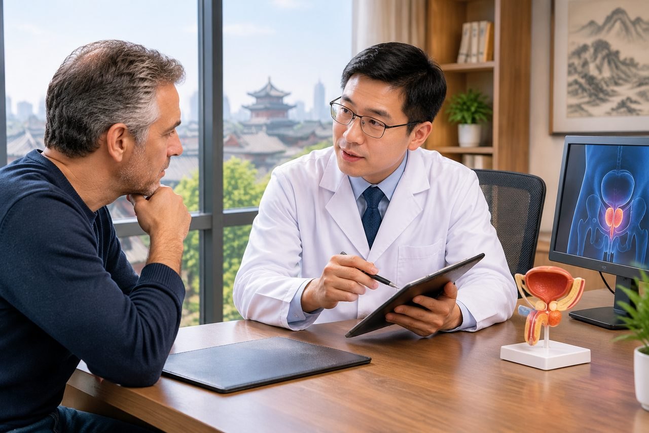 Illustrative image: A doctor discusses medical information with a patient in a consultation room, featuring anatomical models and a medical monitor.