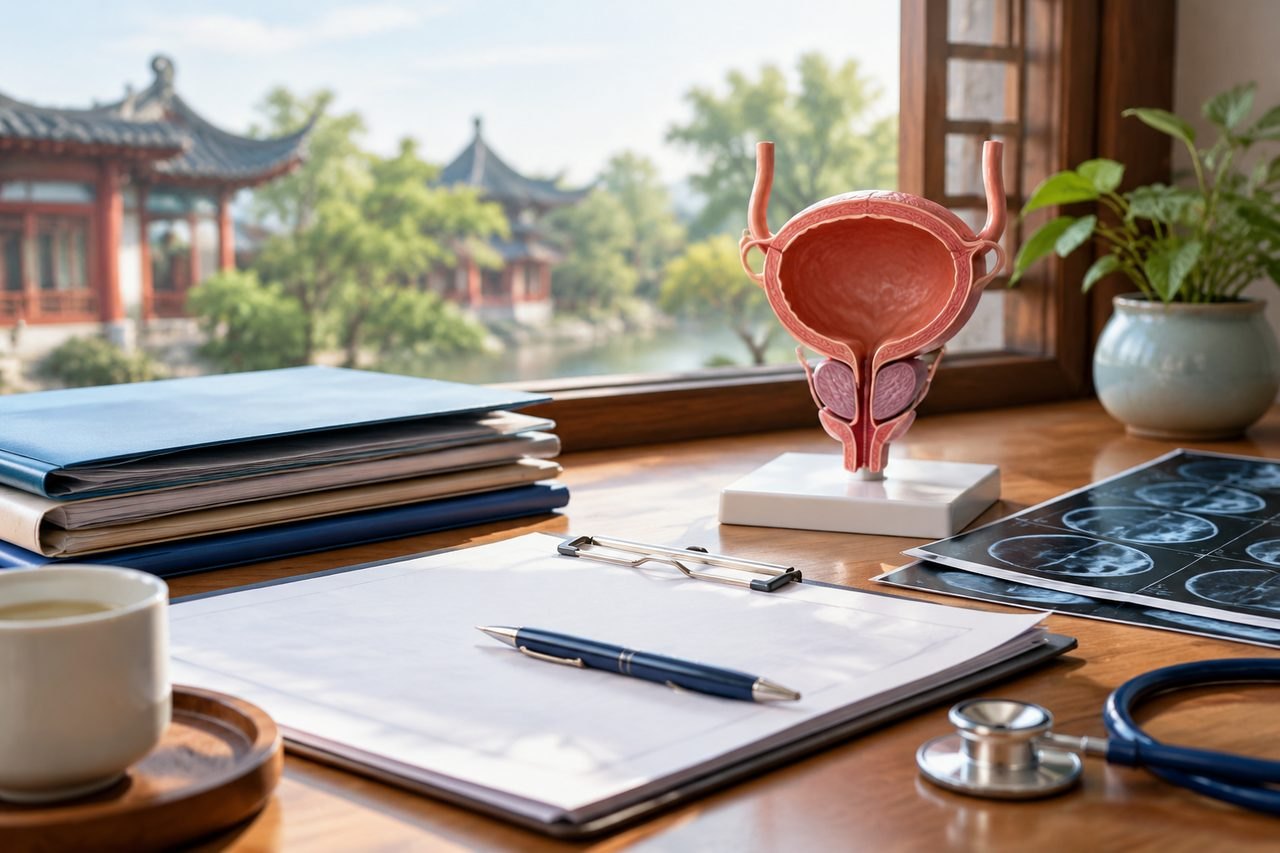 Illustrative image: A medical model of the bladder is displayed on a desk with various documents and a stethoscope in a well-lit room.
