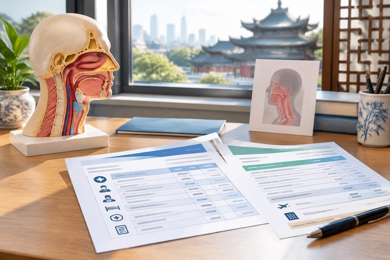 Illustrative image: A detailed anatomical model of the human head is displayed on a desk alongside medical forms and a scenic view of a city skyline.