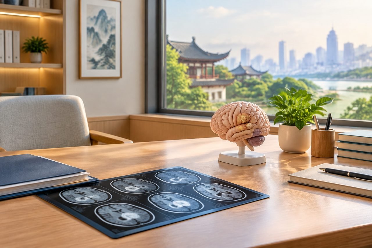 Illustrative image: A desk featuring a brain model and medical imaging scans with a city skyline in the background.