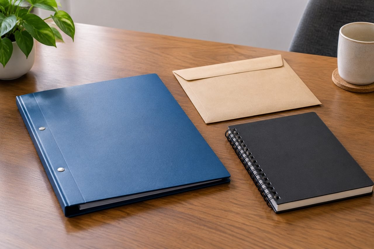 AI illustration: A workspace featuring a blue folder, a black notebook, a brown envelope, and a plant on a wooden table.
