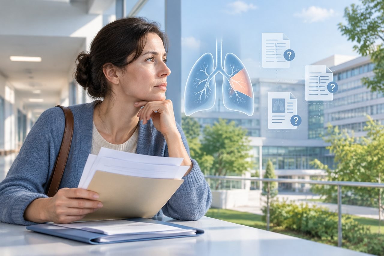 Illustrative image: A woman contemplates medical documents while looking out a window in a healthcare setting.