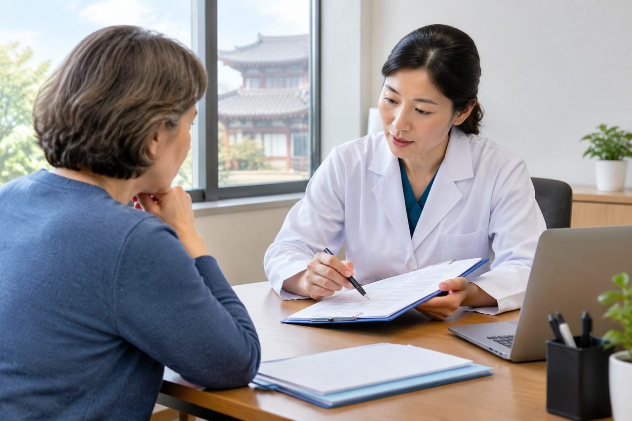 Illustrative image: A doctor discusses medical information with a patient in a consultation room.