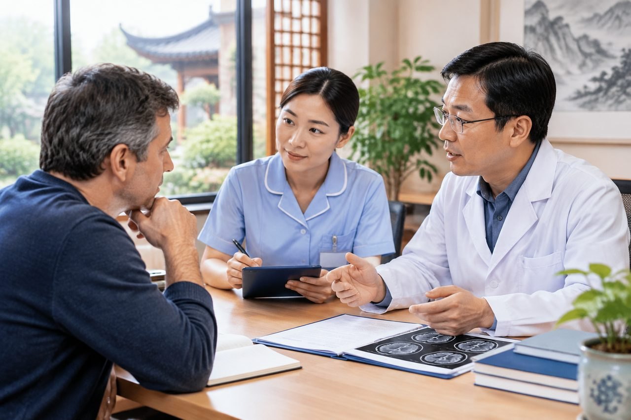Illustrative image: A doctor and nurse discuss medical information with a patient during a consultation.