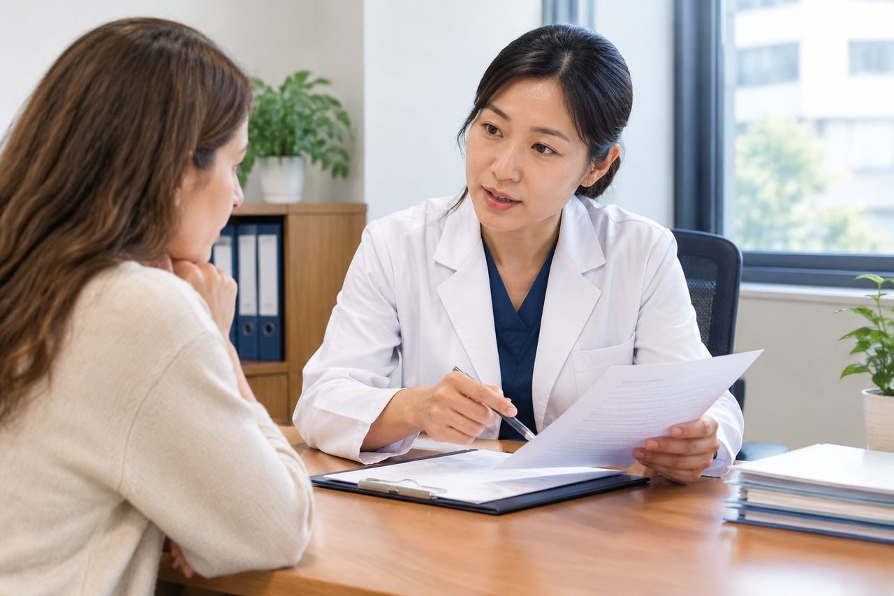 AI illustration: A doctor discusses medical information with a patient in a consultation room.