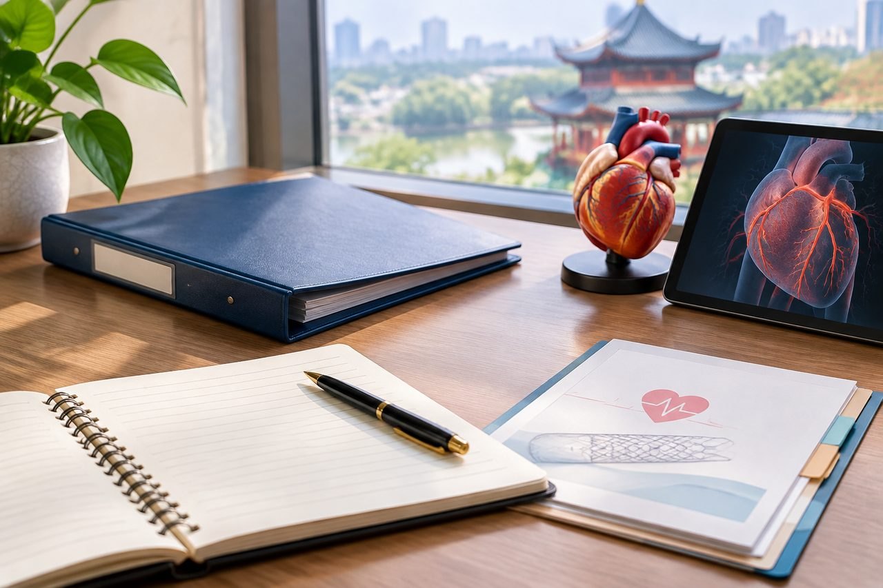 AI illustration: A medical workspace featuring a heart model, tablet with heart imagery, and stationery.