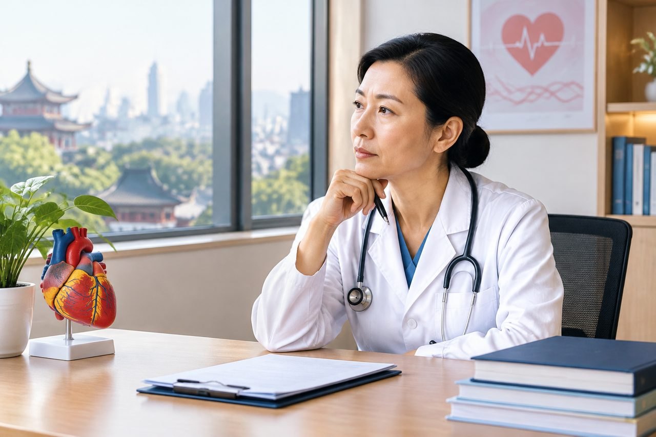Illustrative image: A doctor in a consultation room reflects thoughtfully while examining a model of a human heart.
