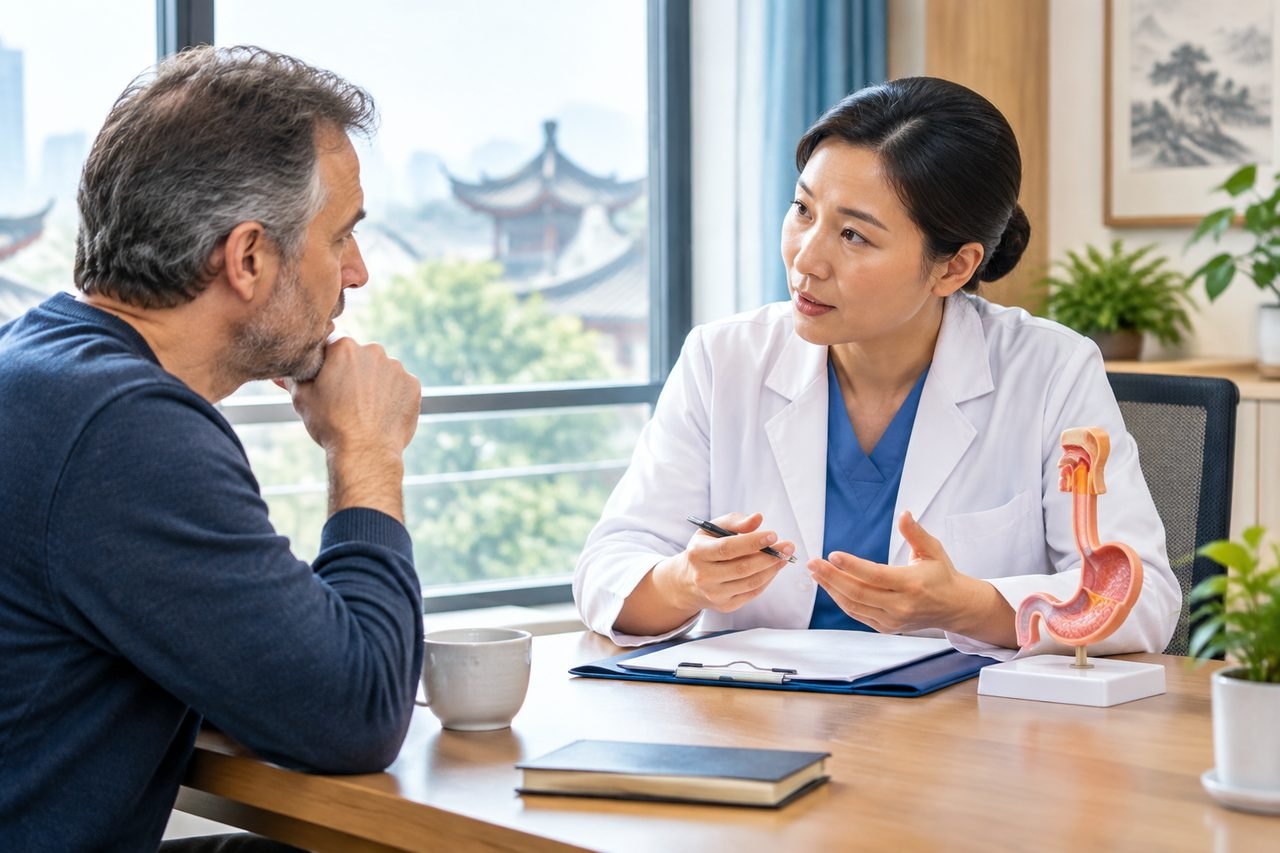 Illustrative image: A doctor discusses medical information with a patient in a consultation room, featuring an anatomical model of the stomach.