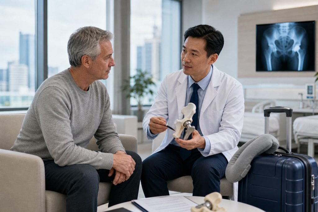 Illustrative image: A doctor discusses a hip model with a patient in a modern clinic room.