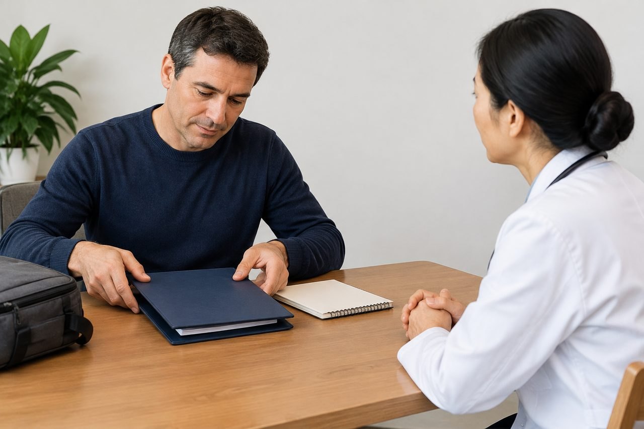 AI illustration: A patient and a medical professional engage in a consultation at a table, discussing documents.