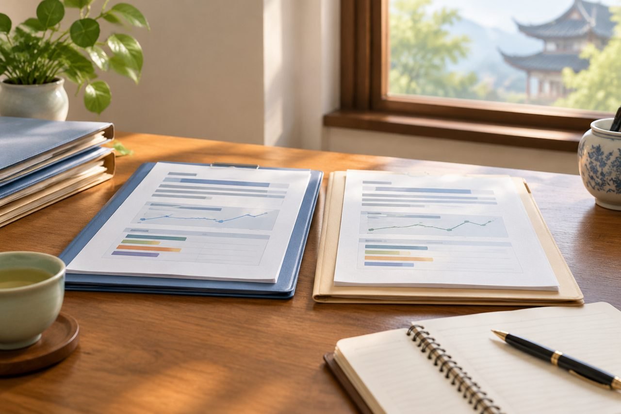 AI illustration: A workspace featuring documents, a notebook, and a cup of tea, with a scenic view outside.