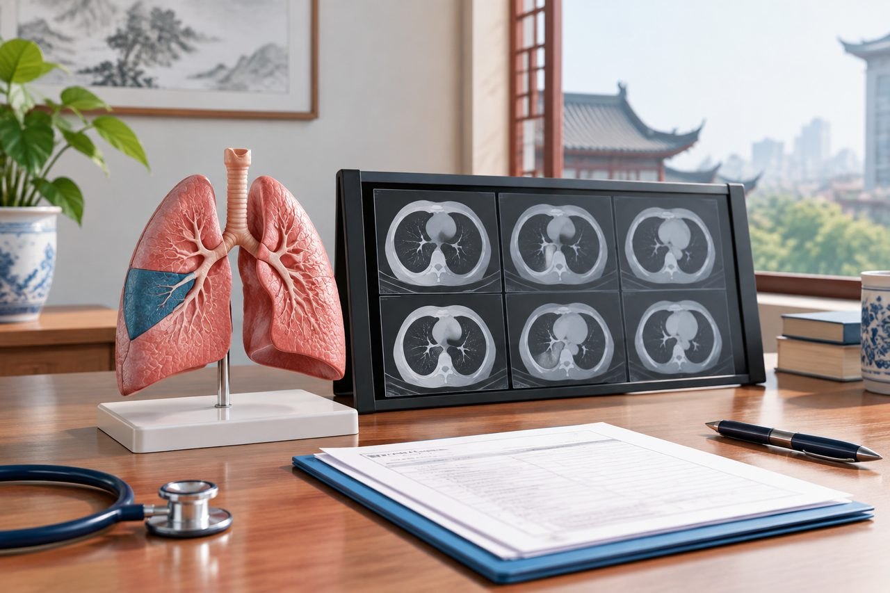 Illustrative image: A medical consultation setting featuring a lung model and chest X-rays on a desk.