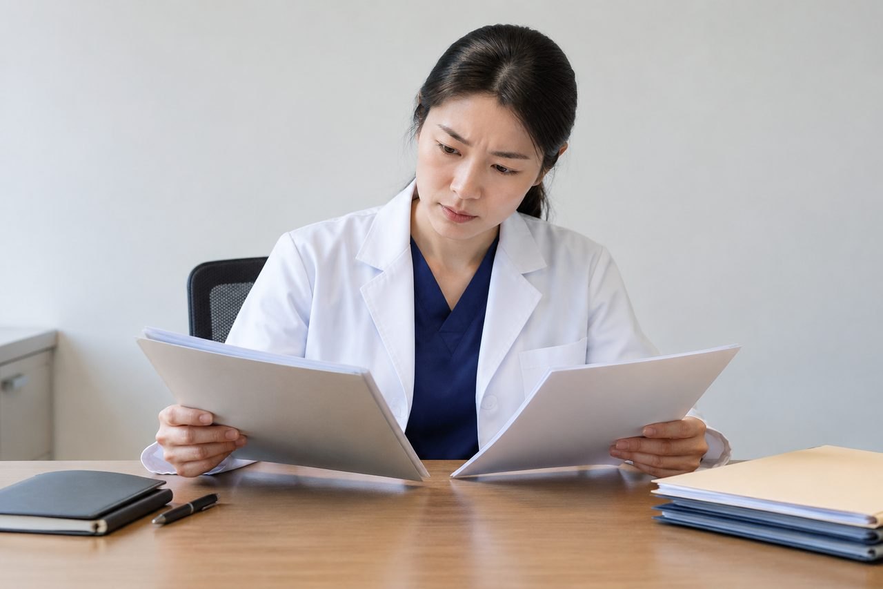 AI illustration: A medical professional reviews documents at a desk, indicating a consultation or assessment process.