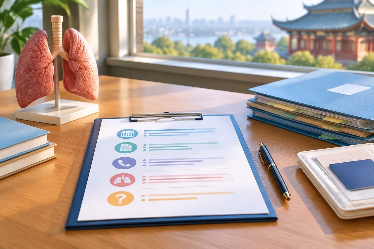 AI illustration: A model of human lungs is displayed on a desk alongside a clipboard and various files, with a city skyline visible through the window.
