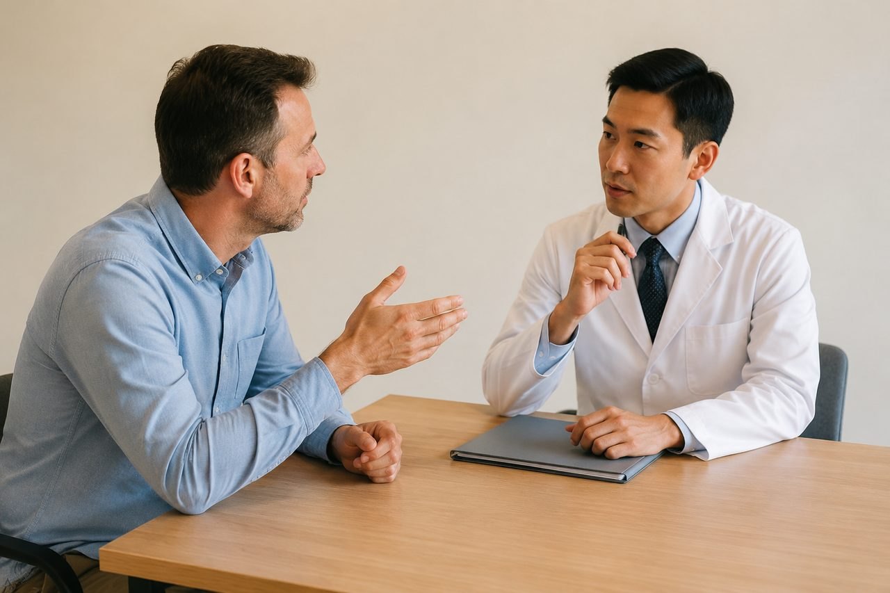 AI illustration: A doctor and patient engage in a consultation at a desk.