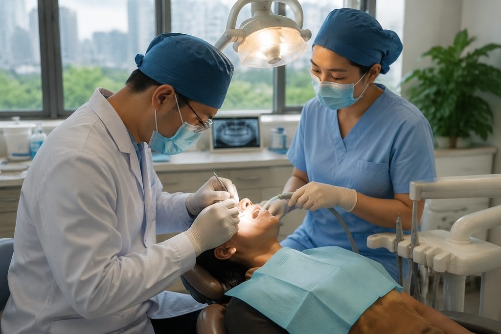 Illustrative image: A dental procedure is being performed by two medical professionals on a patient in a clinic setting.