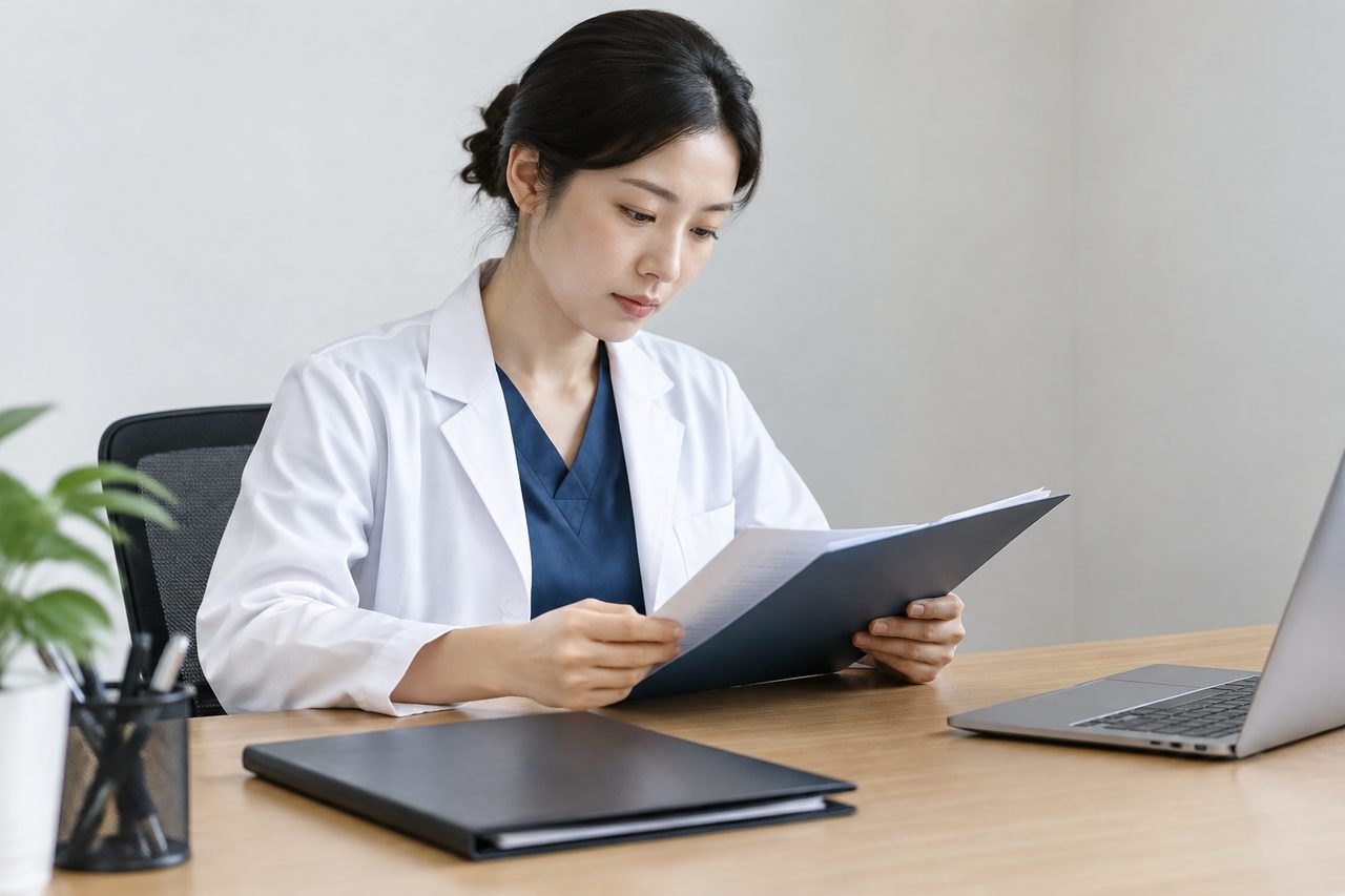 AI illustration: A medical professional reviews documents at a desk with a laptop and folders.