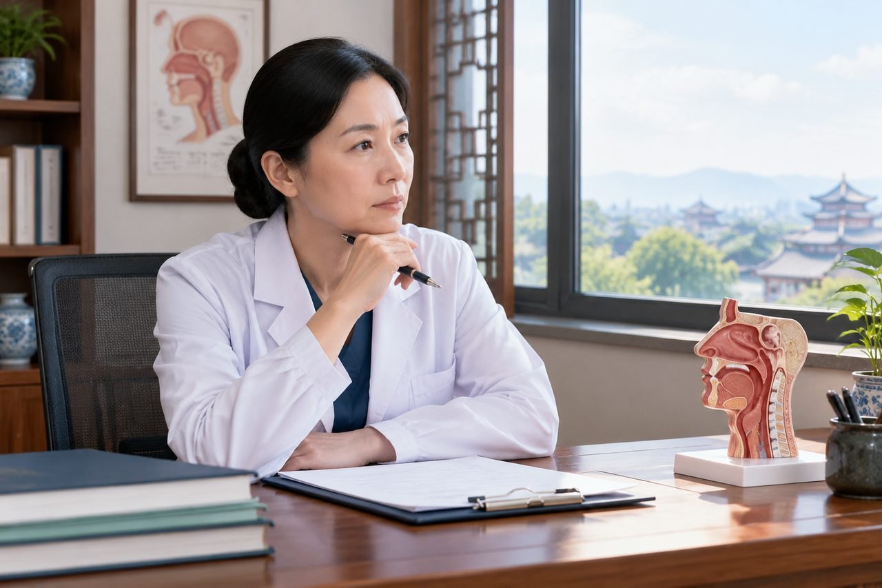 Illustrative image: A medical professional is deep in thought while seated at a desk with anatomical models and documents.