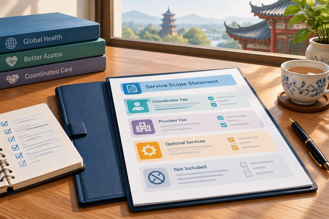 Editorial illustration: Medical Coordination in China: Checking Service Scope Before Paying