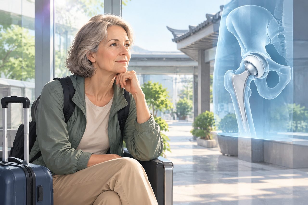 Illustrative image: A woman sits in a waiting area, contemplating a hip joint illustration.