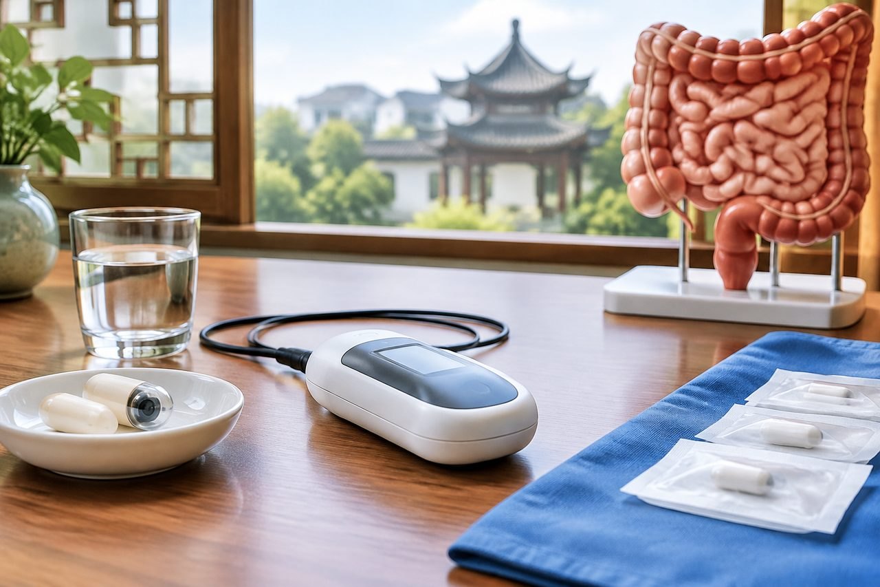 Illustrative image: A medical consultation setting featuring a model of the human intestine and diagnostic equipment on a table.