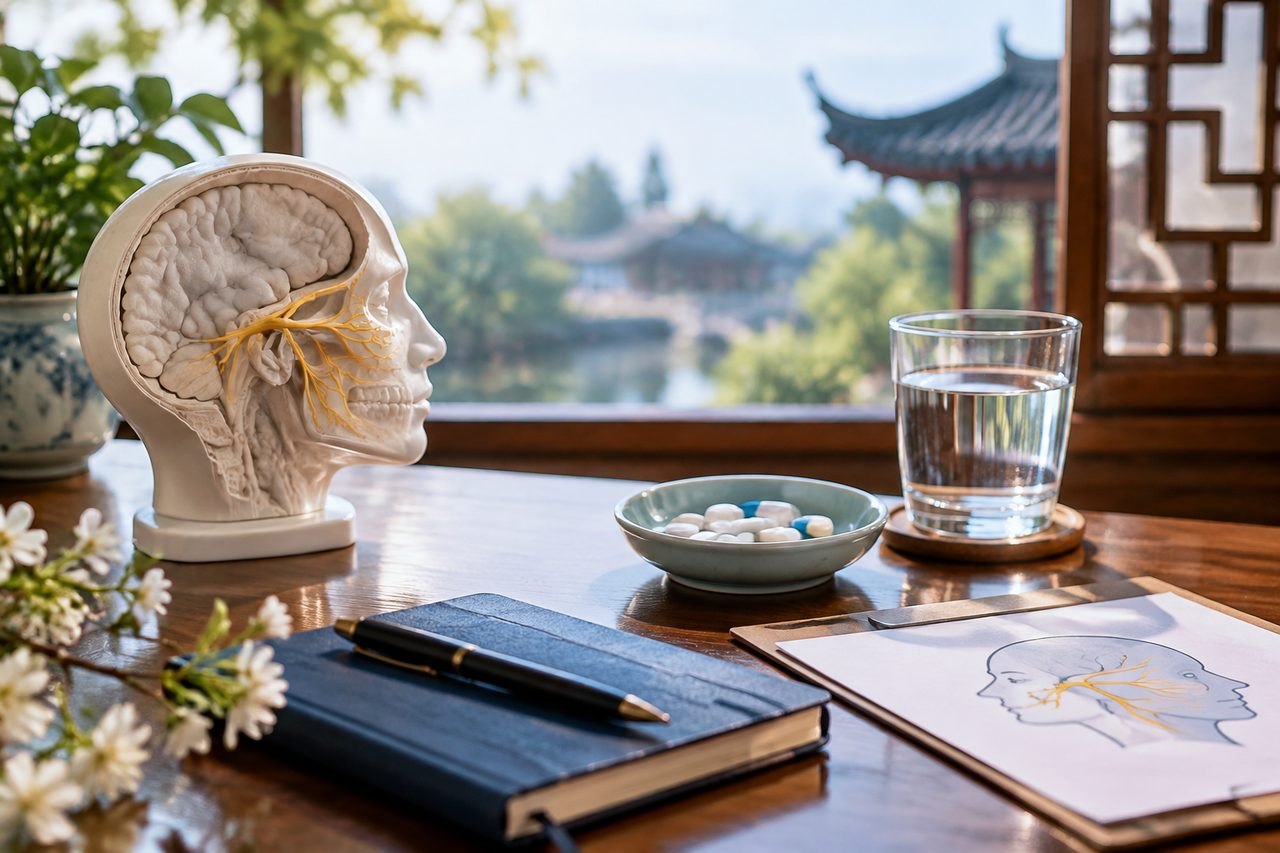 Illustrative image: A detailed anatomical model of the human head is displayed on a table with a notebook, water, and pills in a serene setting.