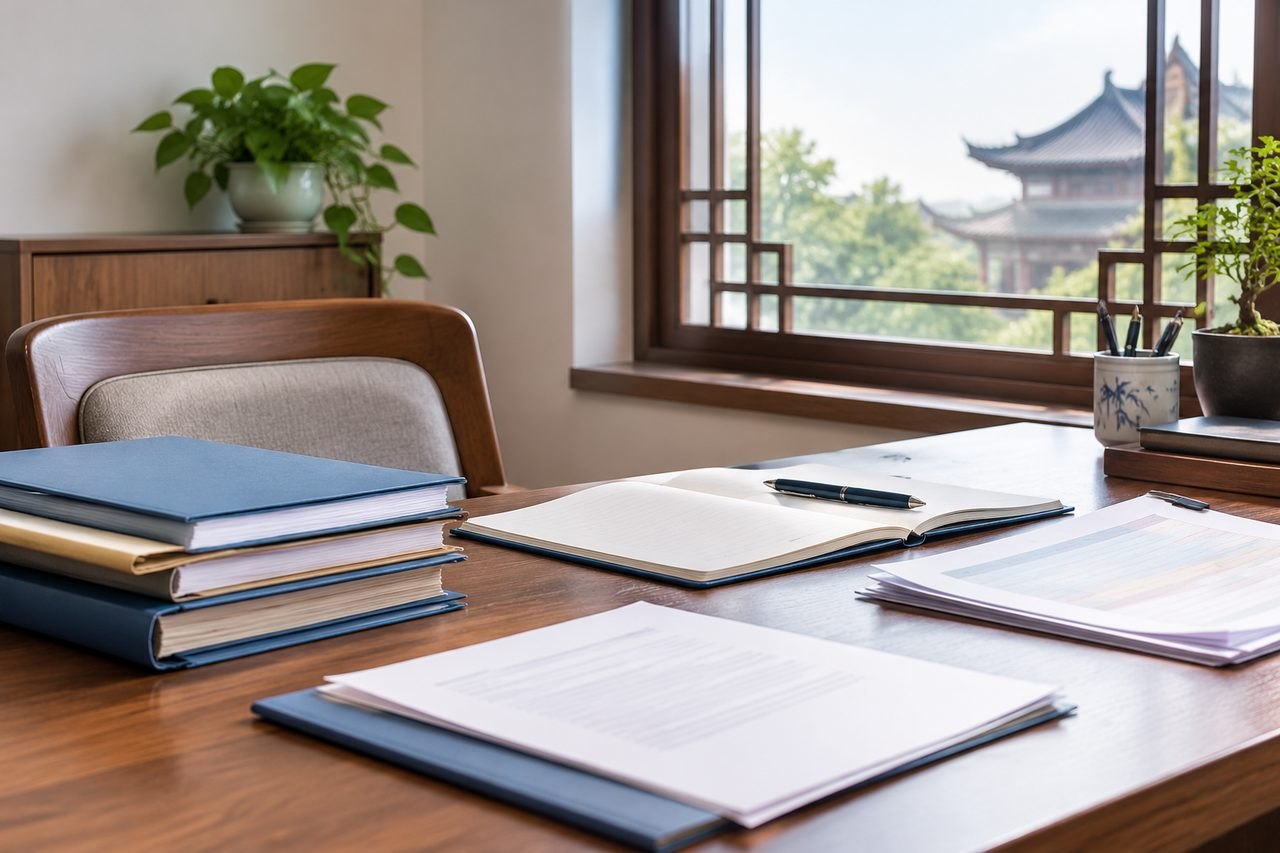 AI illustration: A well-organized desk with documents, a notebook, and a plant, set against a window view.