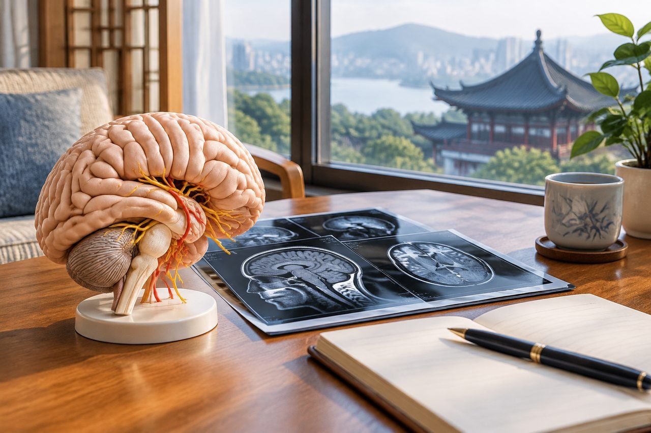 Illustrative image: A brain model and MRI scans are displayed on a table with a scenic view in the background.