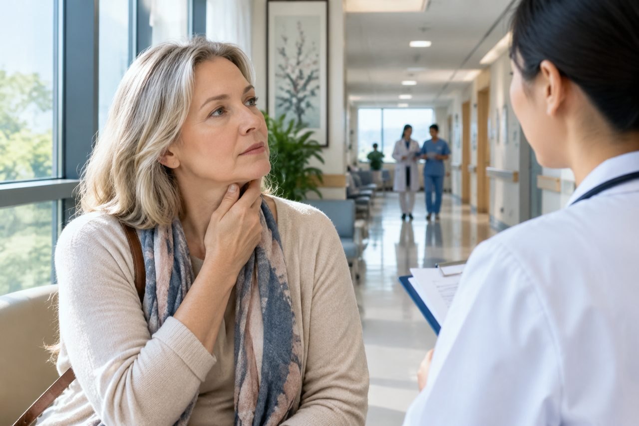 Illustrative image: A patient consults with a medical professional in a hospital corridor.