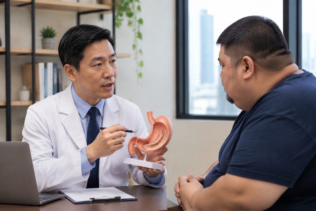 Illustrative image: A doctor explains a stomach model to a patient during a consultation.