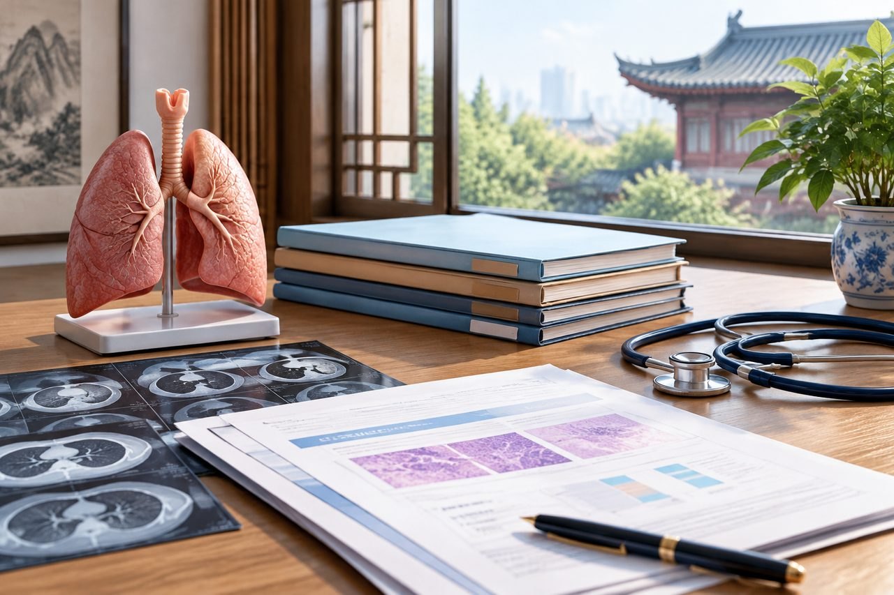 Illustrative image: A medical workspace featuring a lung model, medical documents, and a stethoscope.