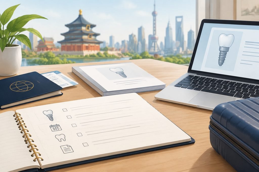 AI illustration: Dental planning checklist, implant illustration and travel documents
