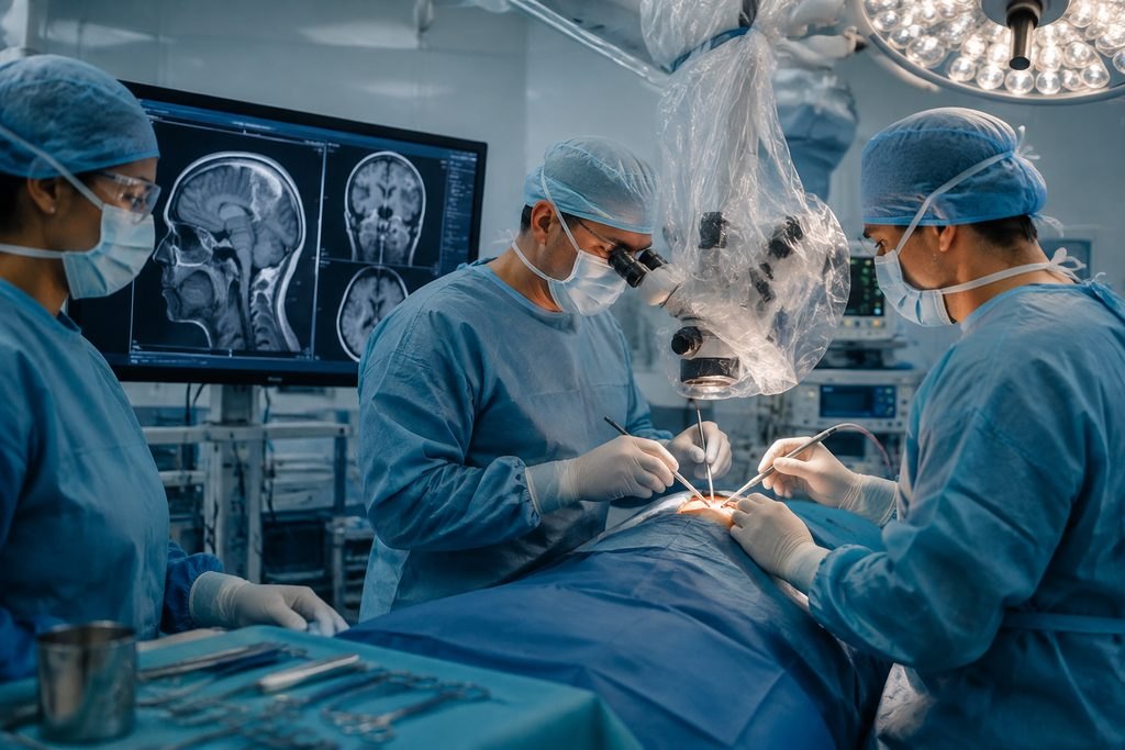 Illustrative image: Surgeons performing a procedure in an operating room with MRI scans displayed in the background.