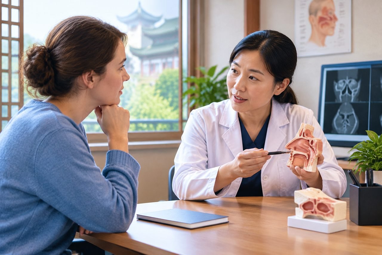 Illustrative image: A doctor explains anatomy to a patient using a model during a consultation.